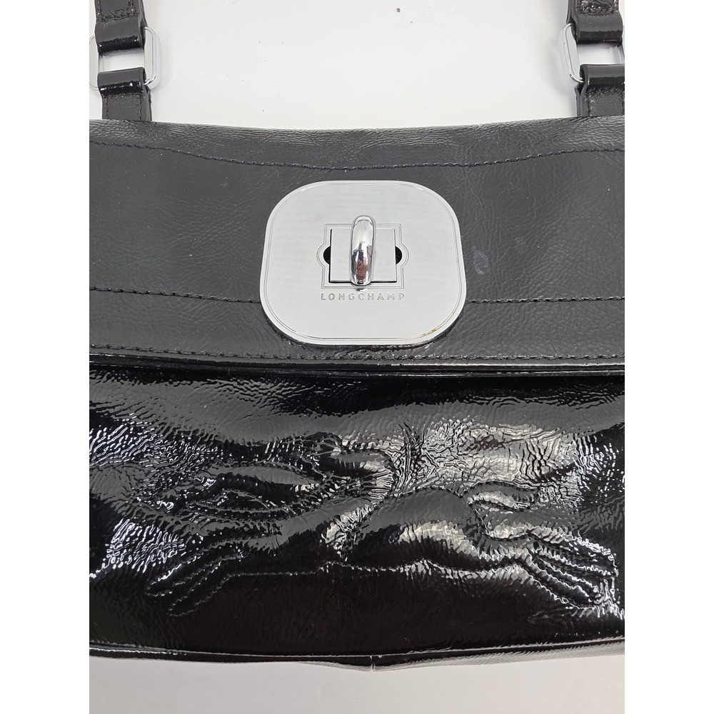 Longchamp Paris Black Patent Leather Shoulder Bag Leopard Print Made in France - Picture 3 of 11